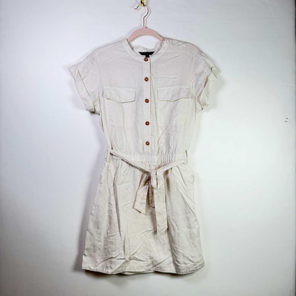 BANANA REPUBLIC Ivory Tencel Utility Button Front Belted Dress Large Petite